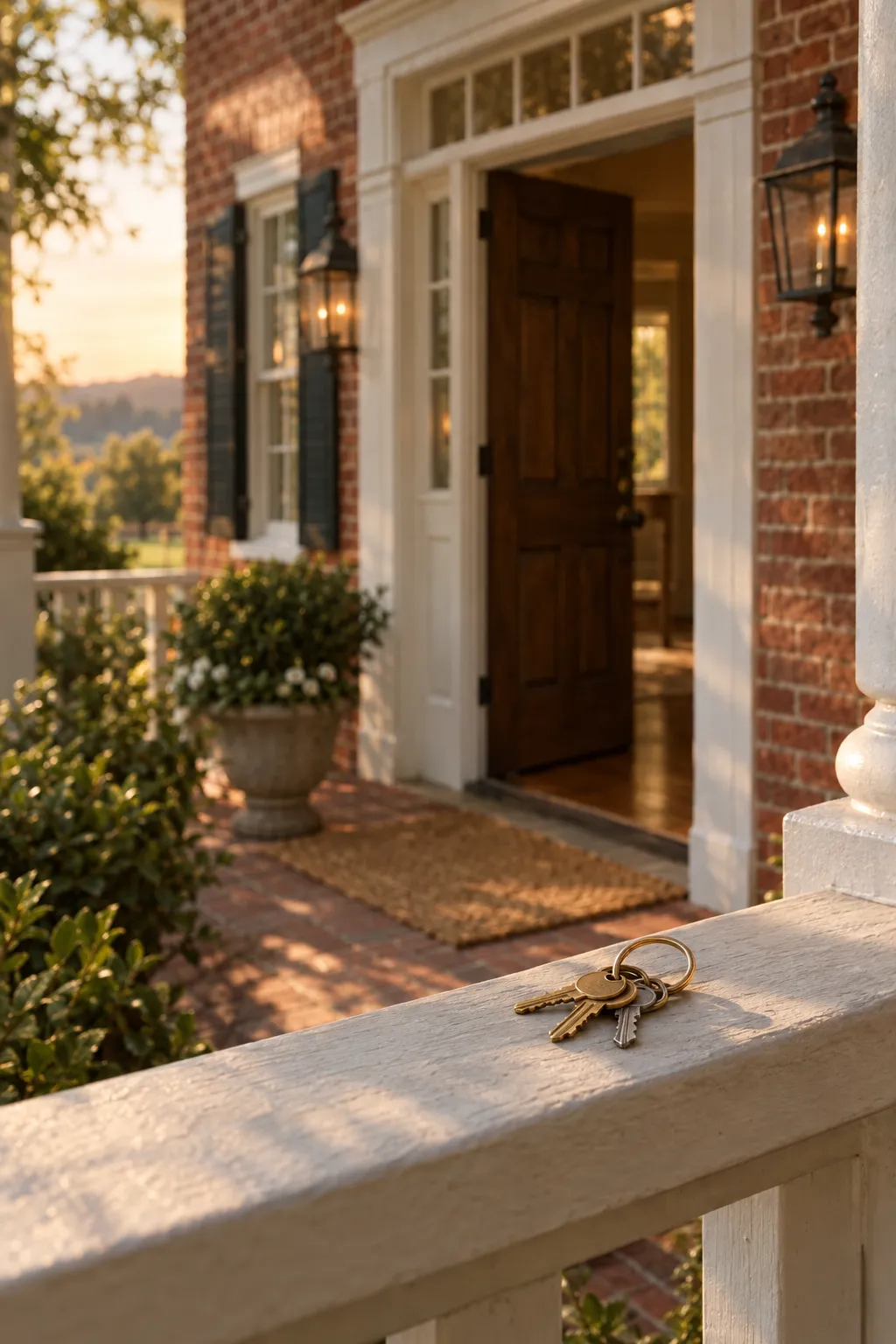 House keys resting on the porch rail of a brick colonial home
