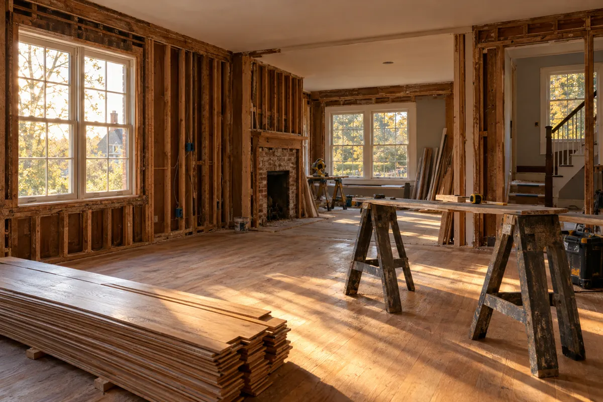 Sunlit cottage interior mid-renovation with new flooring stacked and sawhorses