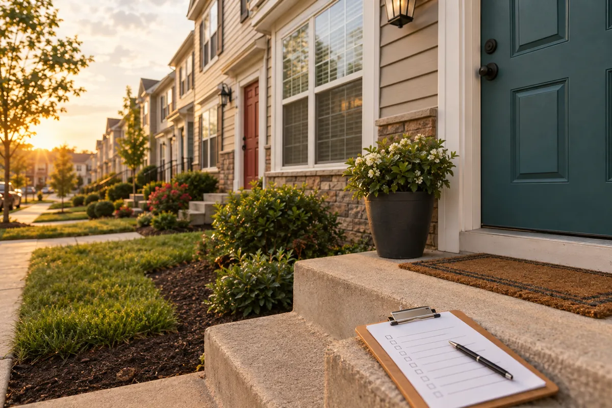 Tidy row of rental townhomes with an inspection clipboard on the front step