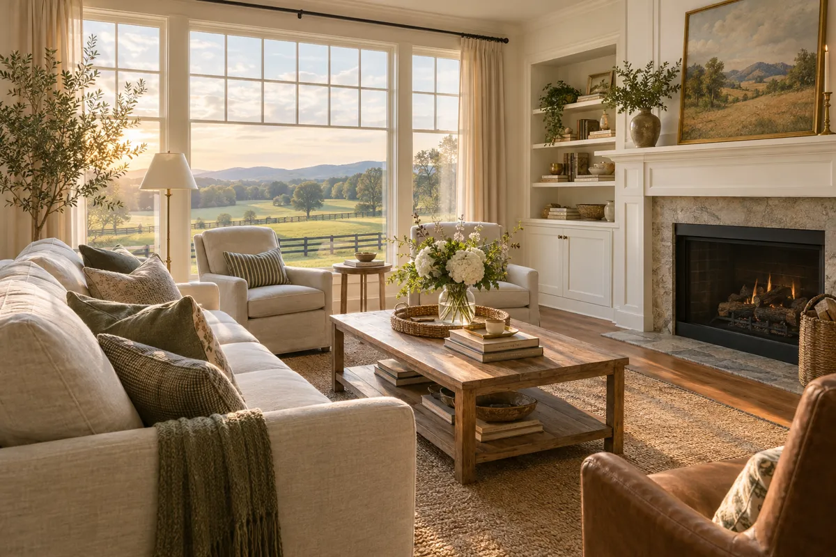Bright staged living room with linen sofa and windows overlooking green fields